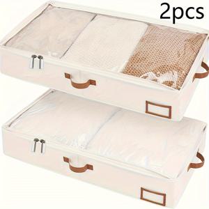 TEMU 2pc 클래식 사각형 침대 밑 수납 가방, 지퍼와 손잡이가 있는 대용량 옷과 이불 정리함, 모던 폴리에스테르 블렌드, 라벨 클립이 있는 다용도 뒤집어쓰는 공간 절약 가방, 세탁 가능한 직물, 가정 주방 수납 정리함.|이불정리함