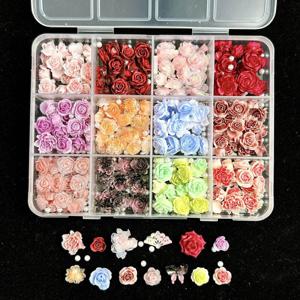 TEMU DIY 크래프트를 위한 솔리드 컬러, 귀여운 꽃, 펄 장식이 혼합된 네일 아트 액세서리 박스.