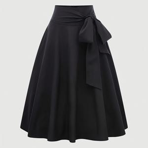 TEMU 여성용 우아한 단색 사이드 묶음 리본 A라인 스커트 - 세탁기 사용 가능한 사계절용 다목적 사무실 & 캐주얼 스커트, 매끄러운 실루엣과 귀여운 주름 허리