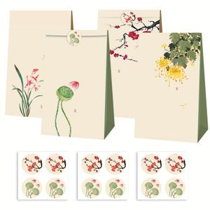 TEMU 12pcs 중국식 꽃무늬 브라운 종이 캔디 가방, 빨간색 & 핑크 꽃, 녹색 잎, 그리고 금색 액센트 - 모든 상황, 파티 장식에 적합한 우아하고 매력적인 선물 가방, 우아한 선물 가방, 장식 가방