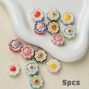 TEMU 5개 세트 핸드페인팅 세라믹 비즈 - 선물용 DIY 액세서리 제작, 팔찌 목걸이 귀걸이 만들기용 사전 구멍 뚫린 화려한 꽃 디자인, 유니크한 공예품, 광택 비즈, 아티스틱 플로럴 디자인
