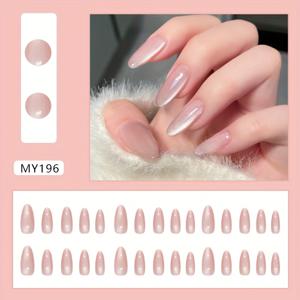 TEMU 여름용 소프트 핑크 아몬드 모양 프레스온 네일 - 긴 스틸레토 광택 인조 손발용 네일, 여성용 쉬운 재사용 가능 매니큐어 페디큐어 액세서리, 우아한 네일 스타일 | 트렌디한 네일 스타일
