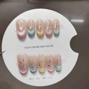 TEMU 10pcs 손수 제작된 프레스온 네일, 그라데이션 컬러, 오발 모양, 중간 길이, 광택 마감, 분리 가능한 여름 네일, 여성 및 남성용, 프랑스 카트 아이 스타일, 전체 커버, 패션 효과