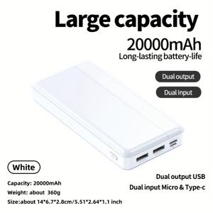 TEMU 5V2A 듀얼 입력 및 출력, USB Type-C 고속 충전, 스마트 칩 및 과충전 보호 기능이 있는 20000mAh 휴대용 파워 뱅크. /애플 폰, 태블릿, eReader, 휴대용 전원 뱅크를 위한 신뢰할 수 있는 충전기. 휴대용 디자인, 여행 필수품|보조배터리|C타입충전기|보조배터리20000