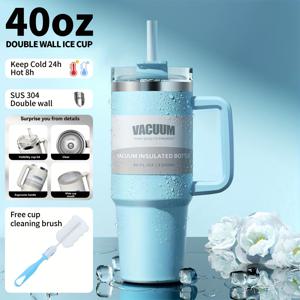 TEMU 손잡이가 있는 40oz 이중벽 진공 단열 스테인리스 텀블러, 누수 방지 뚜껑 & 빨대 포함 - 24시간 온도 유지, 캠핑 및 여행용 휴대 가능, 헬스용 - 도트 디자인, 청소 브러시 포함|텀블러