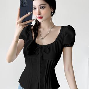 TEMU 사시걸스 여성용 우아한 한국 스타일 솔리드 블랙 퍼프 소매 버튼 프론트 & 드로스트링 웨이스트 블라우스 - 여름 캐주얼 시크 셔츠, 세탁기 사용 가능, 통기성 좋은 소재, 데일리 패션, 스타일리쉬 탑|블라우스|여름블라우스|여성블라우스
