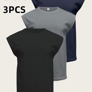 TEMU 남성용 퀵드라이 슬리브리스 티셔츠 3개 세트 - 해군색, 블랙, 그레이 - 체육관, 농구, 배구, 캐주얼 여름 의류에 적합한 통기성, 수분 흡수 기능이 있는 운동용 상의