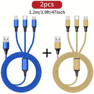 TEMU 2pcs 3-in-1 빠른 충전 USB 케이블 나일론 브레이드 아이폰 14 프로 맥스 Xs Max 충전기 케이블 레드미 원플러스 샤오미 USB C 모바일 폰 S20A13 S10 노트 20 10 9 모토 타입-C 케이블 아이폰|C타입충전기