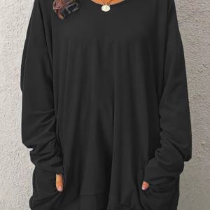 TEMU 여성용 우아한 긴팔 캐주얼 드레스 대형 포켓 - 솔리드 블랙 라운드넥, 기계 세탁 가능 봄/가을 베르사틸 워드로브 스테이플, 편안함