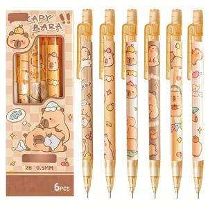TEMU 캥바라 기계식 연필 6개 세트 (지우개 포함) - 0.5mm 2B 리드, 부드러운 필기 및 드로잉용, 투명 플라스틱 바디, 귀여운 캥바라 그래픽 - 학교, 사무실 및 미술 용품