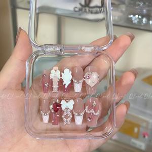 TEMU 10pcs 핸드메이드 핑크 톤 분리 가능한 네일 폼 - 커피, 보우 & 하트 디자인 - 긴 발레 네일, 광택 있는 마무리, 젤리 접착제 및 네일 파일 포함 - 파티, 결혼식, 데이 및 일상적인 사용에 완벽합니다.