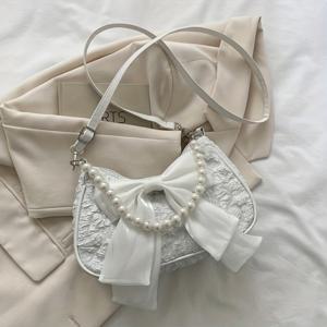 TEMU 1pc 우아한 블랙 크로스바디 가방, 진주 리본, 여성용 단색 패션 숄더백, 지퍼 클로저, 폴리에스터 안감, 트렌디한 빈티지 핸드백