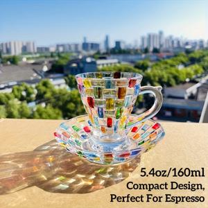 TEMU 패턴 핸드 페인트 유리 커피 컵 및 사커 세트, 2pcs, 손세탁만, 재사용 가능한 다목적 스테머드 워터 글라스 핸들 - 홈 키친 유리웨어