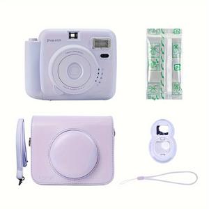 TEMU 새로운 Popoto Purple 인스턴트 카메라, Mini11/12 필름과 호환 가능, 필름 10장, PU 카메라 케이스, PU 스트랩, 셀카 렌즈, ND 스트랩 포함, 크리스마스와 할로윈 선물 세트에 완벽합니다 (배터리 미포함).