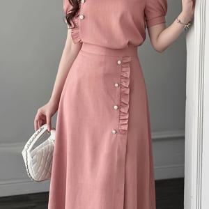 TEMU 여성용 우아한 두 개의 의상 세트, 여름 버블 반팔 의상, 빈티지 프릴 버튼 앙상블, 정장 사무실 긴 스커트 세트.