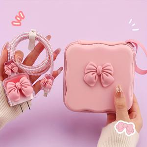 TEMU 데이터 케이블 보호기 세트 + 보관 가방 Bow 보관 가방 6pcs 세트 아이폰 휴대 전화 데이터 케이블 보호기 세트 5pcs 세트 스피럴 케이블 정리기 케이블 고정기 방수 데이터 케이블 충전 헤드 보호