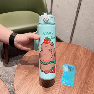 TEMU 1L 라운드 플라스틱 물컵, 만화 카피바라 디자인, 대용량, BPA 프리, 경량, 기계 세척 가능, 야외 스포츠, 캠핑, 여행용