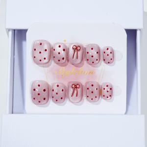 TEMU 10개 핸드메이드 핑크 도트 & 리본 캣아이 프레스온 네일 - 짧은 스퀘어 광택 인조네일, 여름 데일리 웨어, 데이트 및 살롱 퀄리티 DIY 네일아트 (일본/한국 스타일), 데이트 나이트 네일, 수제 손톱