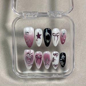 TEMU 1개 10pcs 핸드페인팅 블러쉬 유럽과 미국의 아몬드형 손톱, 핸드페인팅 갑옷, XINGX - 핑크-퍼플 그라데이션, 실버리한 별무늬와 보우가 장식된 사랑스럽고 시원한 Girly Heart Nail Art, 할로윈용 네일, 여성에게 적합한 수제 매니큐어 키트, 광택 있는 고품질 네일, 디자인 네일, 레이디즈 마니큐어, 패션을 사랑하는 분들께|네일