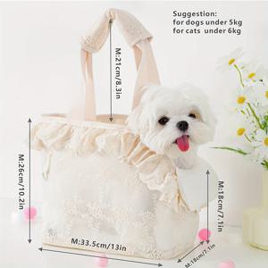 TEMU 1pc Chic Lace-Trimmed Pet Carrier Tote - 통기성 있는 옥스포드 직물, 여행, 쇼핑 및 야외 사용을 위한 스냅 클로저가 있는 휴대용 개 및 고양이 핸드백, 귀여운 애완동물 수하물