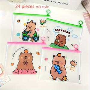TEMU 24개 카비바 만화 곰 PVC 문서 가방 - 투명 매트 마감 컬러 지퍼 클로저, 귀여운 스쿠터 & 플로럴 디자인, 내구성 있는 사무실 및 학교용 정리함, 문구류 보관, 재미있는 스타일, 튼튼한 구조, 다목적 파우치, 데스크 액세서리, 초경량 파우치