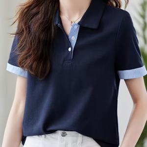TEMU 여성 우아한 반팔 칼라 폴로 셔츠 - 해군 파란색과 흰색 대비 칼라 & 팔꿈치, 정상 핏 올 시즌 다용도 상의, 캐주얼 & 공식 착용, 다용도 남성복, 클래식 턴 칼라, 클래식 칼라 디자인