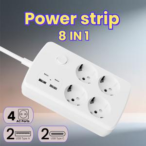 TEMU 10-in-1 전원 스트립, 5개 EU 콘센트, 2개 USB 포트 및 2개 Type-C 포트 - 2m 길이의 연장 코드, 과부하 보호, 독립된 스위치, 다기능 장치 호환성, 가정, 사무실, 기숙사 및 게임 룸 필수품, 기숙사 필수품, 현대적인 미학, 내구성