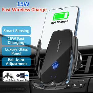 TEMU 자동 클램핑, 360° 회전 - USB 커넥터, iPhone 17/16/15/14/13/12/11 Pro Max/Xs, Samsung Galaxy S24 Ultra/S23/S22/S21/S20/S10+, Google 폰 및 더 많은 것을 지원하는 무배터, 빠른 충전 15W을 지원하는 무선 15W 고속 차량 충전기