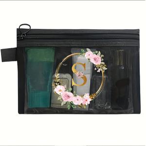 TEMU 초기 꽃 메쉬 메이크업 가방 - 스타일리시한 블랙 나일론 화장품 파우치, 골드 글자 및 핑크 플라워 디자인, 여행 및 일상 사용에 완벽함, 여행용 메이크업 가방 | 꽃무늬 파우치 | 캐주얼 스타일 파우치, 메이크업 여행 가방