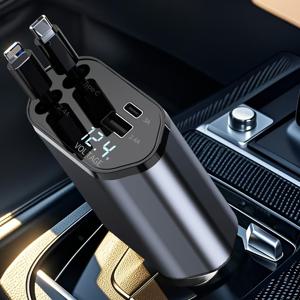TEMU SAN.COMO 4-in-1 리트랙터블 차량용 충전기, 66W 확장형 USB-C 듀얼 고속 충전기 및 80cm 텔레스코픽 케이블과 2개의 USB 포트 어댑터, 자유 방향 조절 가능, 엉킴 방지 설계, 다중 프로토콜 호환 범용 퀵 체어징 장치, 아이폰 16-13/iPad/ 지원, 일반 전원 충전 5V/2.4A-3A