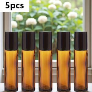 TEMU 5/10개 필수 오일 롤러 병, 10ml 암버 유리 롤러 병, 스테인레스 스틸 롤러 볼 및 캡, 여행, 향수 및 립 글로스용 - 자외선 보호