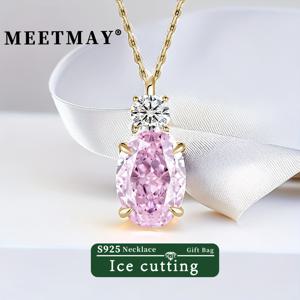 TEMU 1pc MEETMAY S925 은색 패션 펜던트 목걸이, 핑크 크러스트 아이스 컷 합성 삼차질루미나, 클래식 네 개의 발가락 설정, 여성용 보석, 40cm+5cm 체인 포함|은목걸이