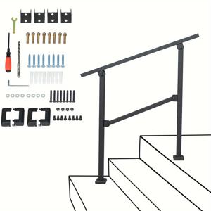 TEMU 1pc 조절 가능한 야외 계단 손잡이 - 블랙 스틸, 미끄럼 방지, 2-3 단 안전 보호대, 가정 및 정원용 야외 안전 기능|현대 계단 디자인| 내구성 있는 스틸 손잡이, 계단 안전