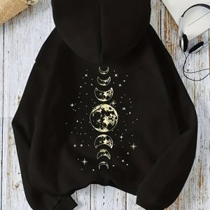 TEMU Moon Print 까마귀, 겨울 및 가을용 드로스트링 캐주얼 후드 티셔츠, 여성 의류