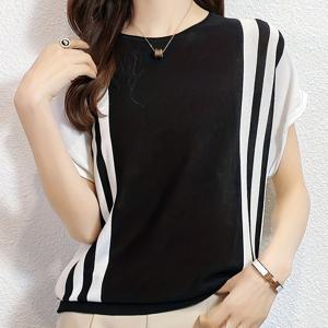 TEMU 여성용 민소매 컬러블록 티셔츠 - 블랙 & 화이트 가로줄무늬, 루즈핏 라운드넥, 통기성 중간 신축성 원단, 세탁기 사용 가능 봄 여름 캐주얼 탑, 모던 캐주얼 티, 편안한 핏 티|나시티|민소매