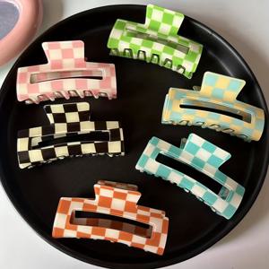 TEMU 여성용 시크한 포니테일 및 업두 홀더를 위한 6pcs 컬러풀 체커보드 헤어 클립 세트, 일상 사용을 위한 샤크 클립 헤드 액세서리