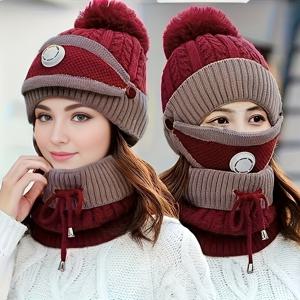 TEMU 3PCS～여성용 가을 겨울 두꺼운 플리스 따뜻한 귀 보호 모자 세트, 추가 솜이 있는 마스크 모자 스카프