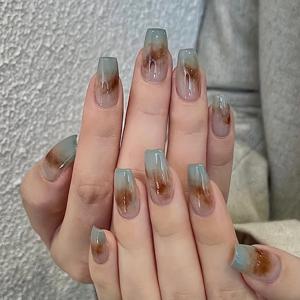 TEMU 민트 라떼 카라멜 옴브레 프레스온 네일, 발레 셰입, 광택 오라 그라데이션 마감 처리된 미디엄 길이 - 24개 세트
