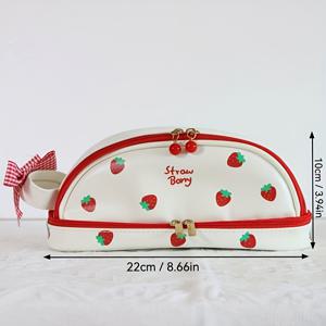 TEMU 1개 귀여운 딸기 프린트 더블 레이어 필통 - 중학생용 대용량 인조 가죽 학교 용품 정리함, 빨강 & 하양 디자인의 내구성 있는 스타일리시 문구 파우치