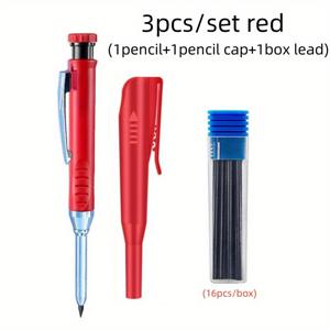 TEMU 솔리드 목공용 연필 세트 (16개 리필 포함, 캡 및 내장형 샤프너) - 2.8mm 깊은 구멍 기계식 연필 마커, 목공 및 도면용 (연필 1개 + 캡 1개 + 리필 상자 1개)