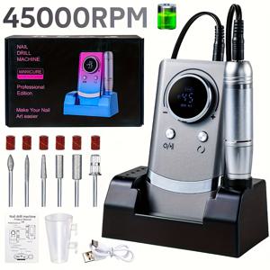 TEMU 전문 45000RPM 전기 휴대용 손톱 드릴, 베이스 포함, 소음 감소, 충전식 리튬 배터리, 폼알데하이드 없음, 손톱 아트 및 살롱 사용에 이상적 - 다양한 비트 액세서리 포함, 손톱 아트 도구 | 현대 손톱 아트 | 내구성 강화, 손톱 폴리시 리무버