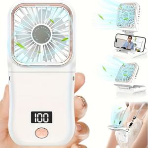 TEMU 디지털 디스플레이가 있는 휴대용 접이식 다기능 미니 팬, 초박형 목 팬, USB 충전식 3000mAh 배터리, 조절 가능, 3단계 바람 속도, 휴대폰 거치대, 개인 냉각, 여행, 스포츠에 적합