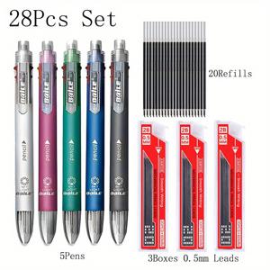 TEMU 고품질 0,7mm 창의적인 다기능 6in1 볼펜 28개 세트, 내장 자동 연필 다색 펜 코어 및 지우개 포함, 사무용품 및 문구류에 적합 (5개의 펜 + 20개의 코어 + 3개의 코어 상자)