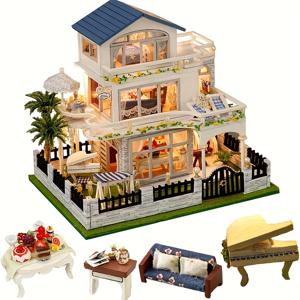TEMU DIY 3D 책 모퉁이 키트 - 파란색 지붕과 정원으로 아름다운 화이트 하우스 - 책장 장식용으로 손수 만든 목제 모델 - 생일, 학교 돌아오기, 할로윈, 크리스마스, 데이, 부활절에 이상적인 선물 - 배터리 필요 없음, 책 장식 키트|농가의 매력|손수 만든 세부사항