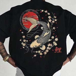 TEMU 남성용 반팔 티셔츠 100% 폴리에스터 루즈핏 일본 코이 물고기 & 벚꽃 프린트 블랙 크루 넥 캐주얼 봄 여름 아웃도어 탑, 기계 세탁 가능 원단, 플러스 사이즈