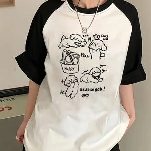 TEMU 플러스 사이즈 여성용 일본식 한국 스타일 래글런 반팔 티셔츠 - 귀여운 강아지 & 기하학적 프린트 대비 컬러 디자인, 루즈핏 라운드넥 캐주얼 여름 상의, 통기성 좋은 세탁 가능, 생동감 넘치는 그래픽 티, 편안한 티