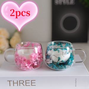 TEMU 2개, 5.07oz/소형 용량 커피 머그컵 - 내장된 실제 꽃 디자인의 핸드메이드 더블 레이어 유리잔, 커플용 물 잔, 커피 밀크 드링크에 적합, 휴일 선물로 최적의 선택, 손세척 전용