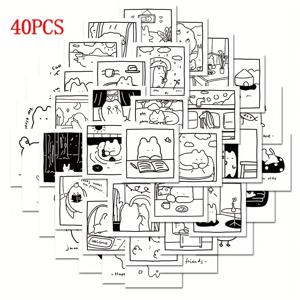 TEMU 40개 SCXXBSW 만화 스티커 - 기발한 고양이 & 동물 디자인, 방수 자체 접착 혼합 색상, 물병, 노트북, 여행가방용 불규칙 모양, DIY 공예, 랩탑 장식, 재미있는 일러스트레이션, 일회용 데칼
