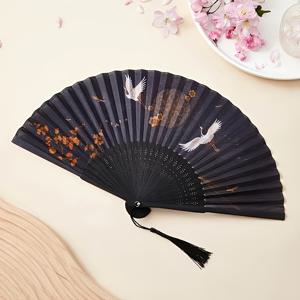 TEMU 빈티지 레드 크랜 비마포 접이식 팬 - 태슬이 있는 고대 스타일, 배터리 필요 없음, 가벼우며 휴대하기 편리한 야외 여행, 댄스 공연, 해변, 캠핑 - 우아한 장식 액세서리, 여행 팬, 공연 액세서리, 전통적인 미적, 자연 재료, 예술적 공예