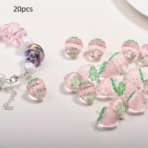 TEMU 20개 빨간 딸기 비즈, 녹색 잎 - 투명 아크릴 DIY 보석, 전화 스트랩, 열쇠고리, 공예 프로젝트용, 딸기 테마 아이템|핸드폰스트랩